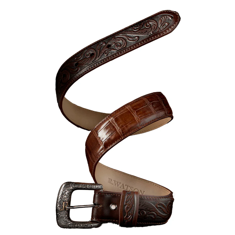 R. Watson Men's Tabaco Caiman Belly Tail Glazed Belt RWB2309