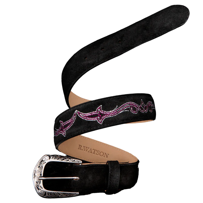 R. Watson Women's Black Suede Embroidered Belt RWBL2332