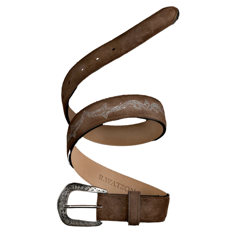 R. Watson Women's Chocolate Suede Embroidered Belt RWBL2333