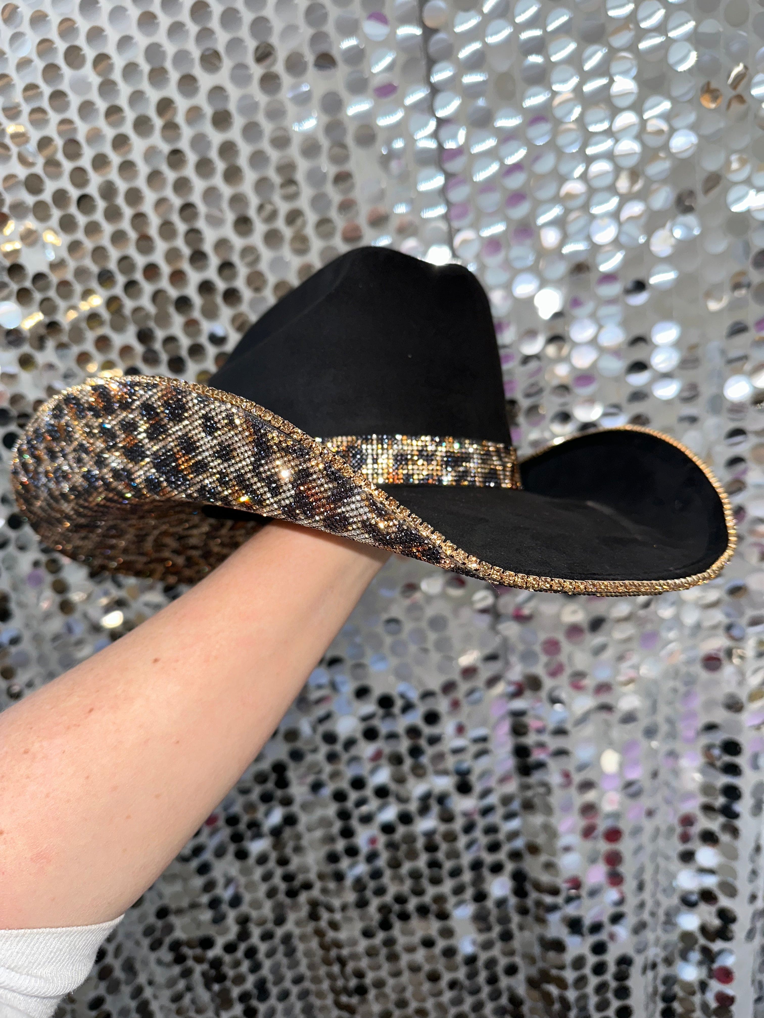 Rhinestone Cowgirl Women's Black Suede & Brown Leopard Rhinestones Cowgirl Hat