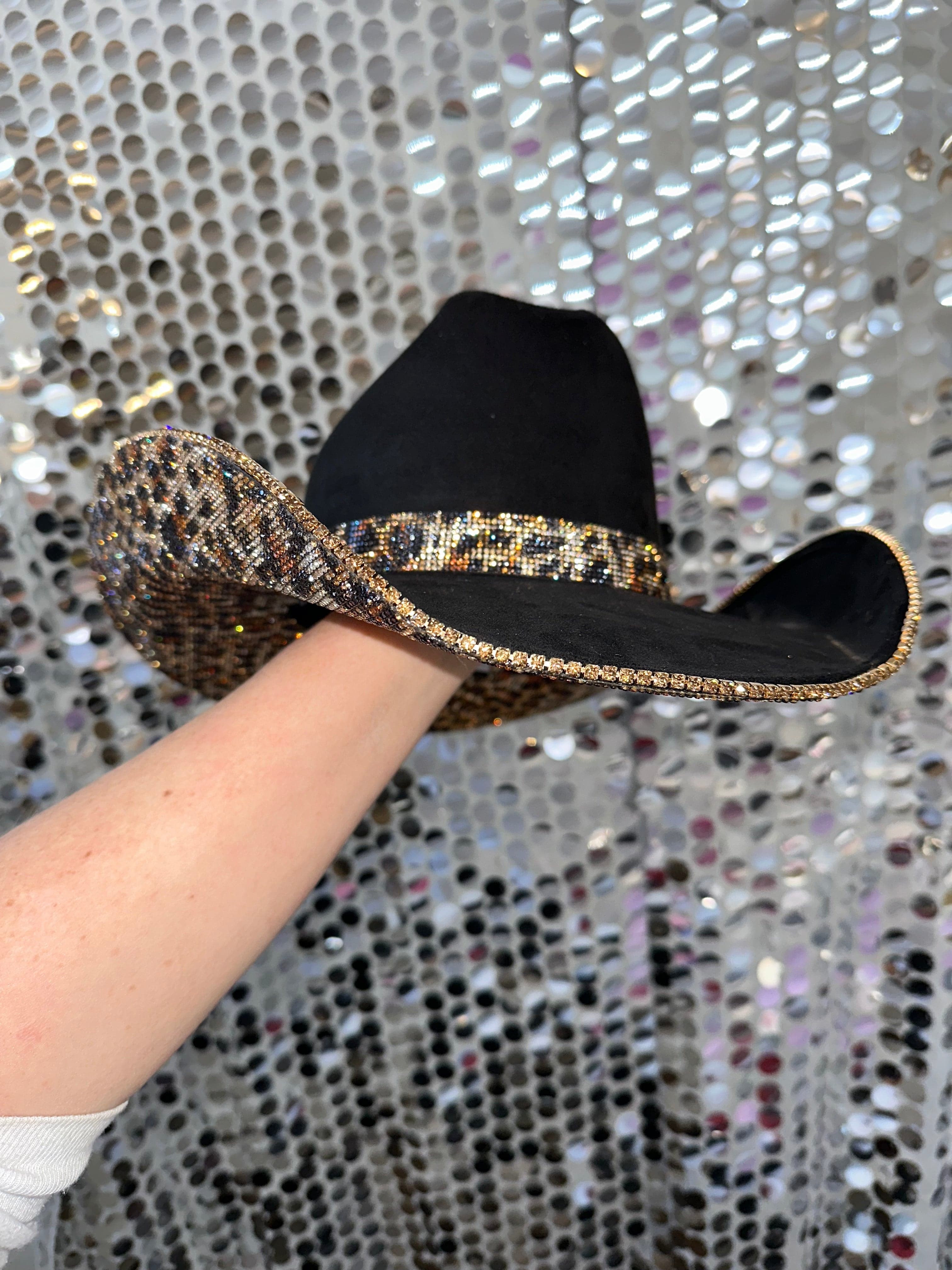 Rhinestone Cowgirl Women's Black Suede & Brown Leopard Rhinestones Cowgirl Hat - Image 3