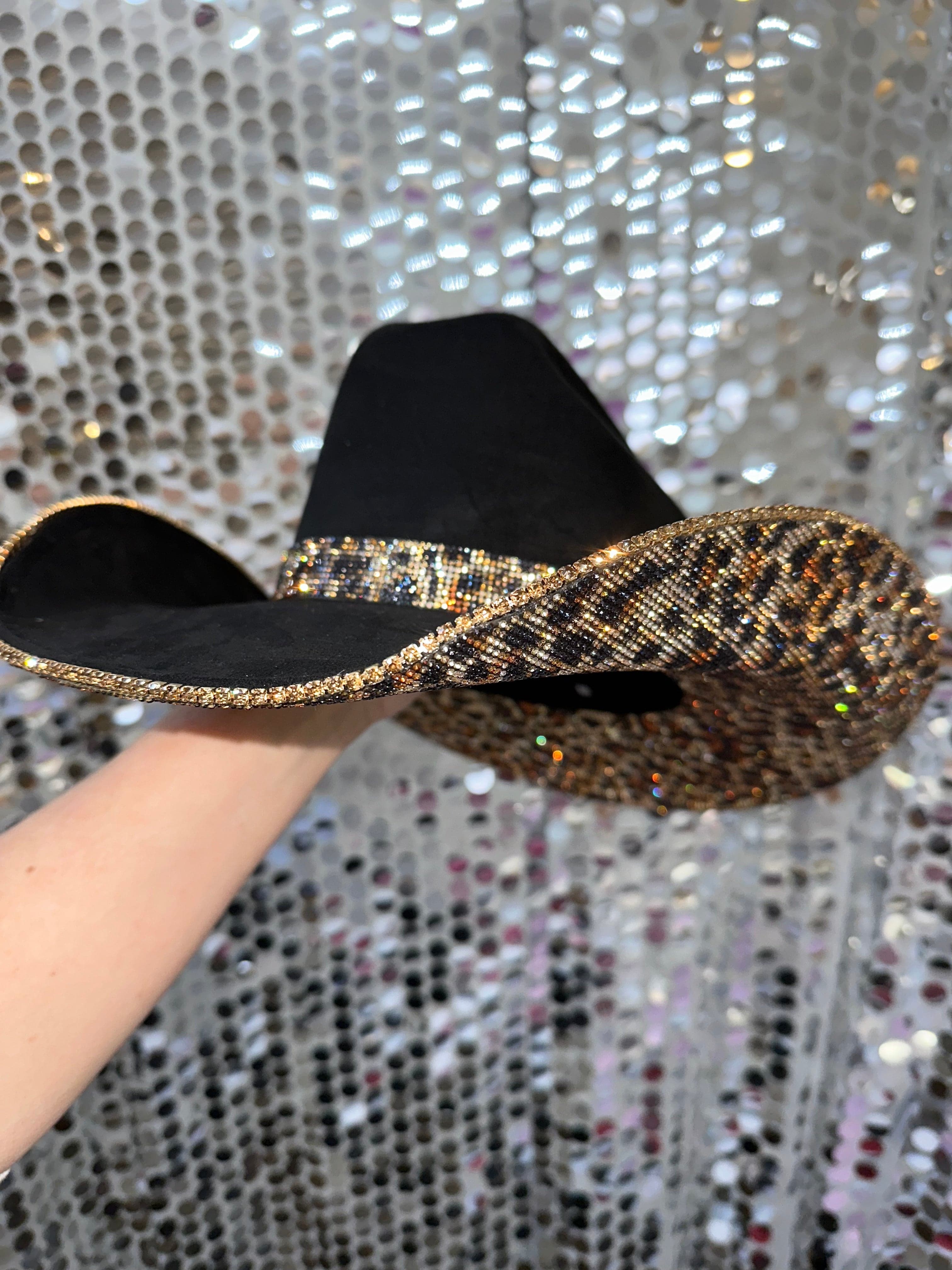 Rhinestone Cowgirl Women's Black Suede & Brown Leopard Rhinestones Cowgirl Hat - Image 4
