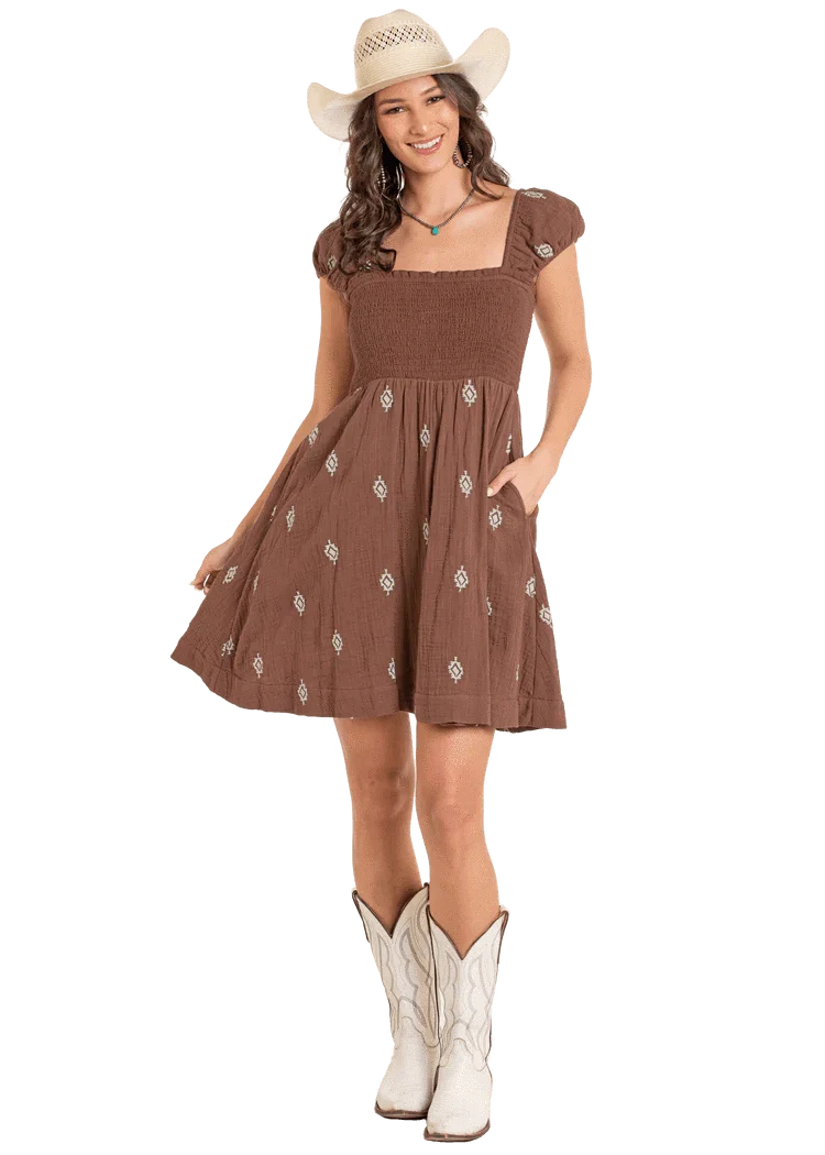 Rock n Roll Denim Women's Brown Aztec Embroidered Dress BWD1R06321