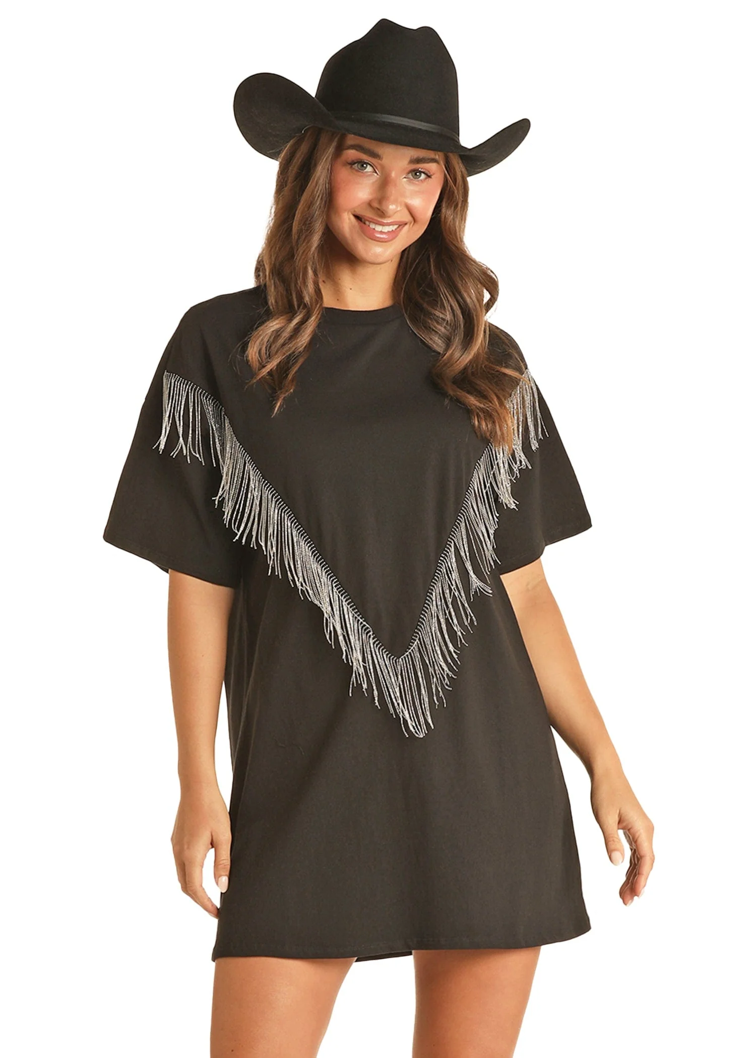 Rock & Roll Cowgirl Black Fringe Oversized Tee RRWT21R17I