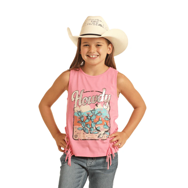 Rock & Roll Cowgirl Girls Pink Fringe Howdy Graphic Tank Top BG20T04356