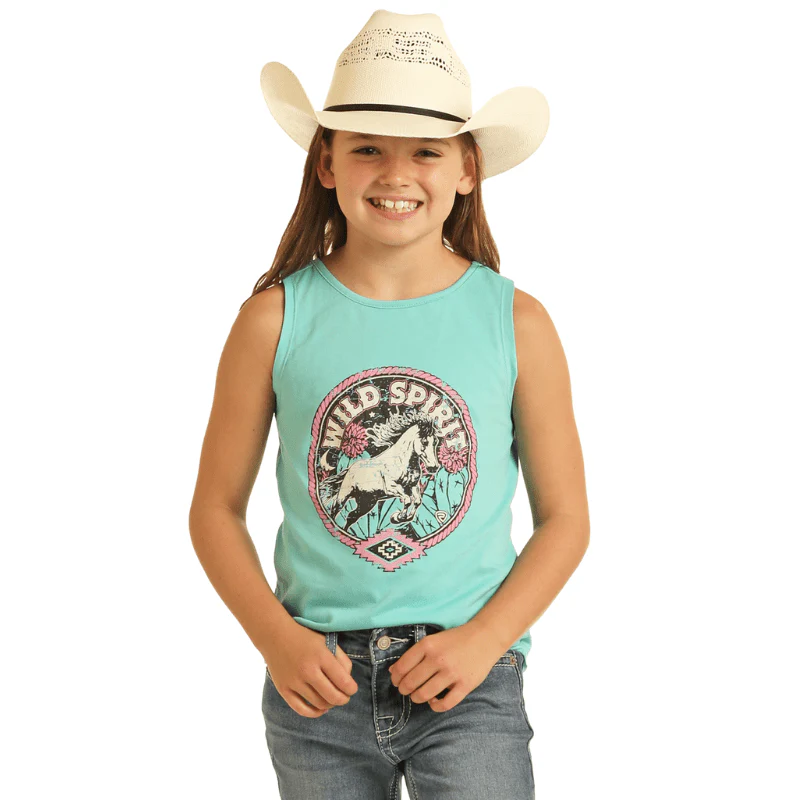 Rock & Roll Cowgirl Girls Turquoise Horse Graphic Tank Top BG20T04355