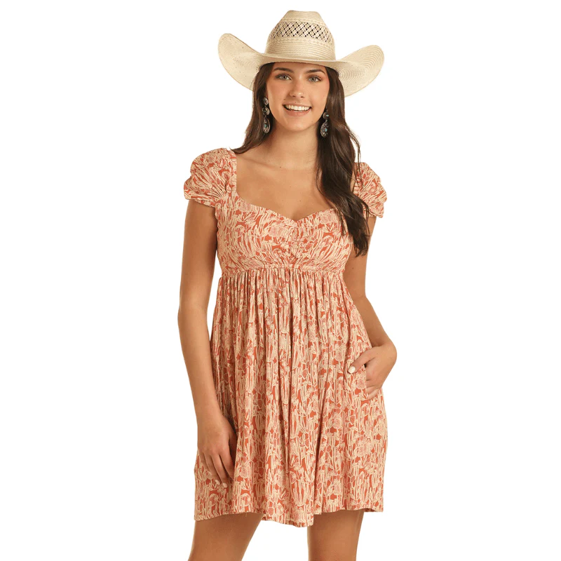 Rock & Roll Cowgirl Rust Cactus Print Puff Sleeve Dress BWD1R03871