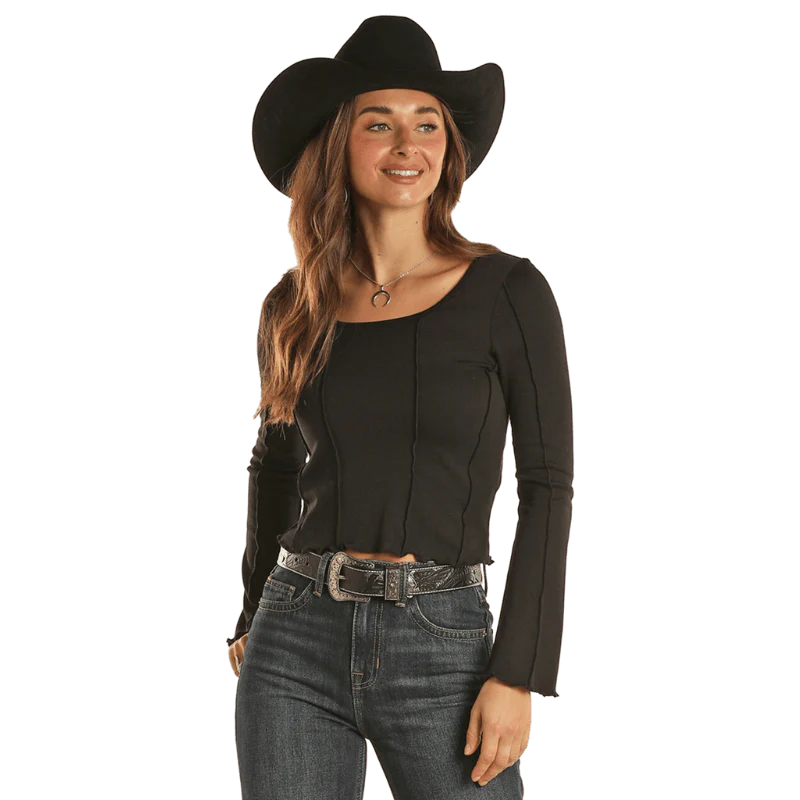 Rock & Roll Cowgirl Women's Black Exposed Seam Long Sleeve Crop Top BW22T02013