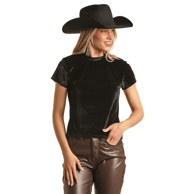 Rock & Roll Cowgirl Women's Black Velvet Short Sleeve Blouse BW21T02695