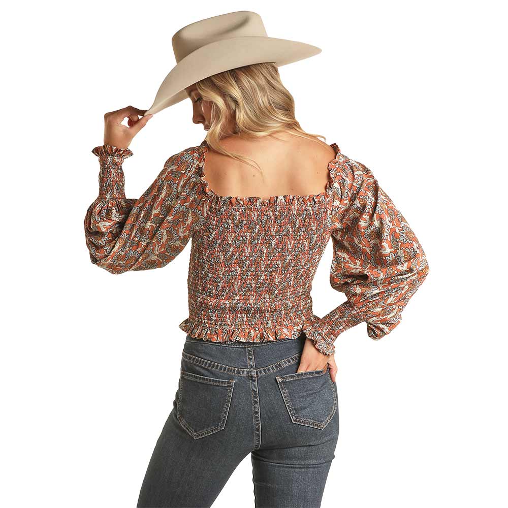 Rock & Roll Cowgirl Women's Floral Smocked Off Shoulder Long Sleeve Top BW51T02109 - Image 2