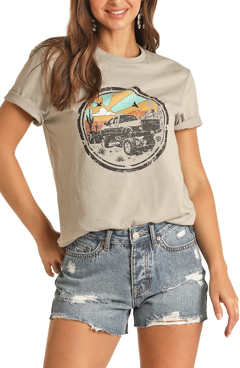 Rock & Roll Cowgirl Women's Grey Vintage Car Graphic Short Sleeve Tee RRUT21R12M