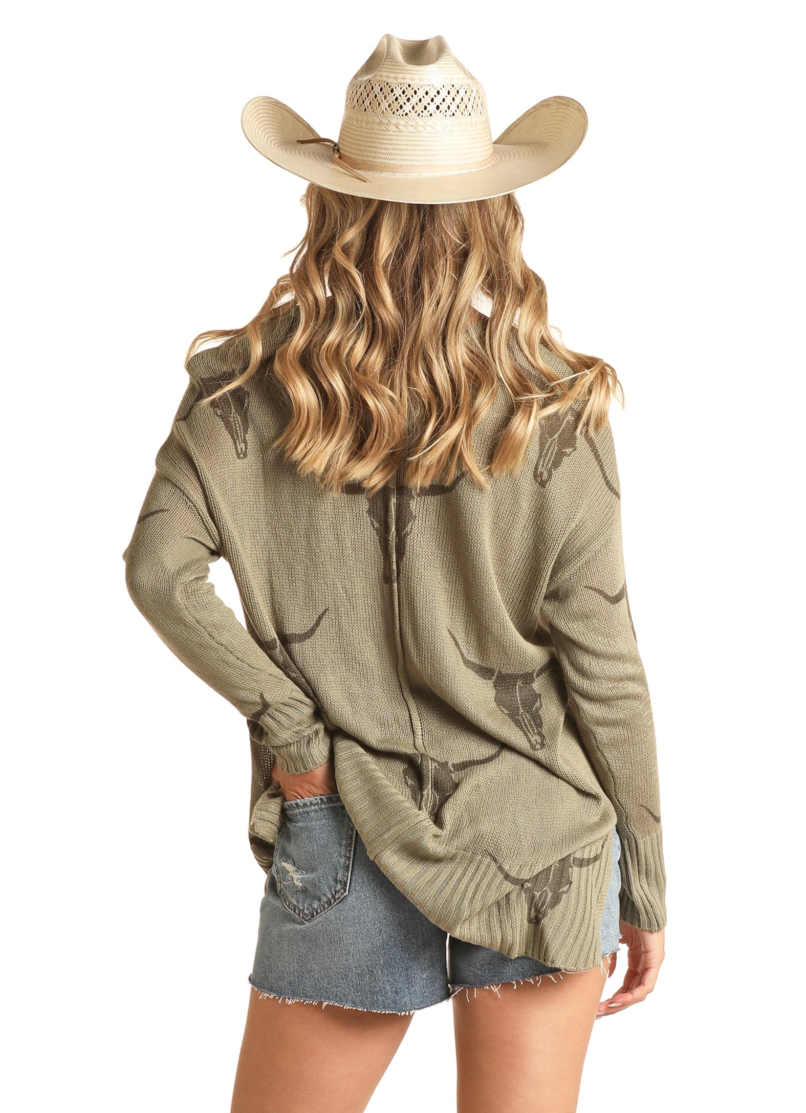 Rock & Roll Cowgirl Women's Jade Longhorn Long Sleeve Sweater RRWT32R18K - Image 2