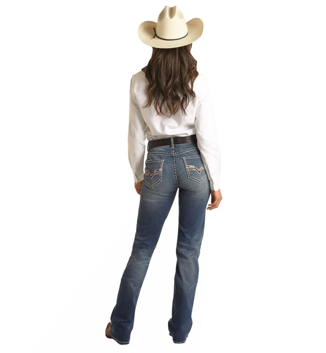 Rock & Roll Cowgirl Women's  Mid Rise Extra Stretch Embellished Bootcut Riding Jeans RRWD4RRZT3 - Image 3