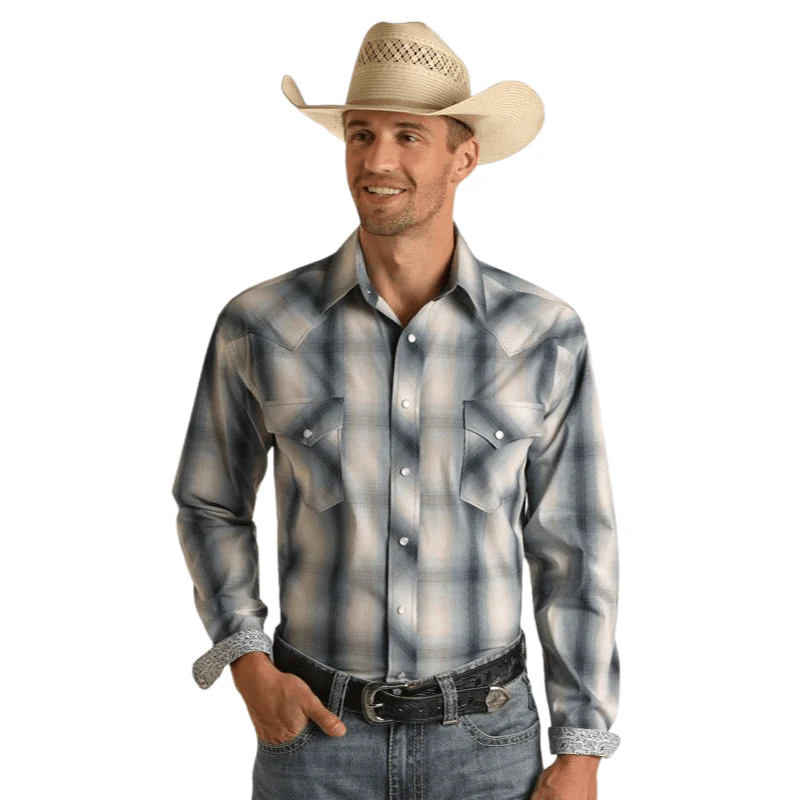 Rock & Roll Denim Blue Plaid Long Sleeve Western Snap Shirt RMN2S03823