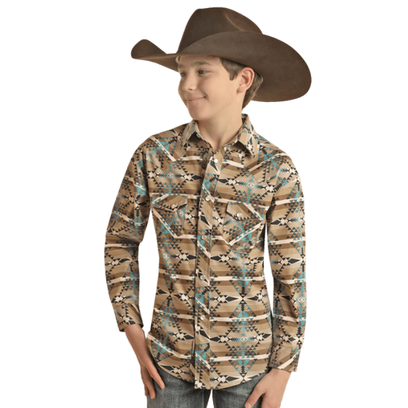 Rock & Roll Denim Boys Turquoise Aztec Stripe Long Sleeve Western Snap Shirt BBN2S02534