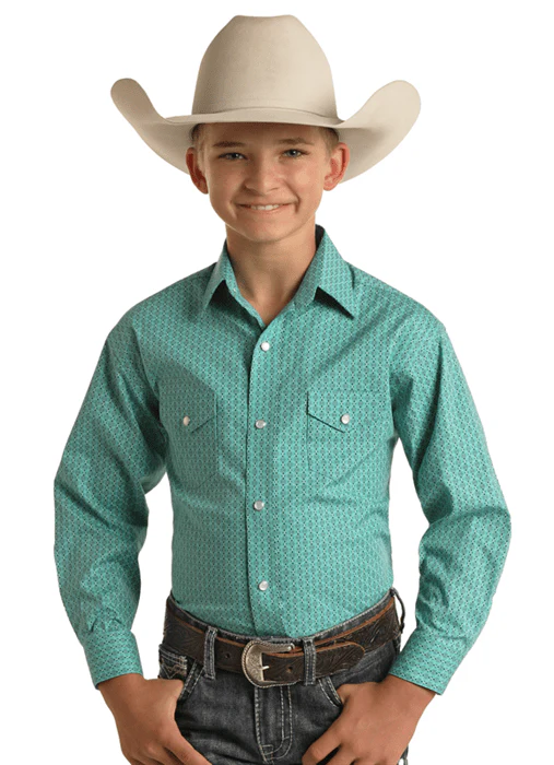 Rock & Roll Denim Boys Turquoise Geo Print Long Sleeve Western Snap Shirt RBN2S02193