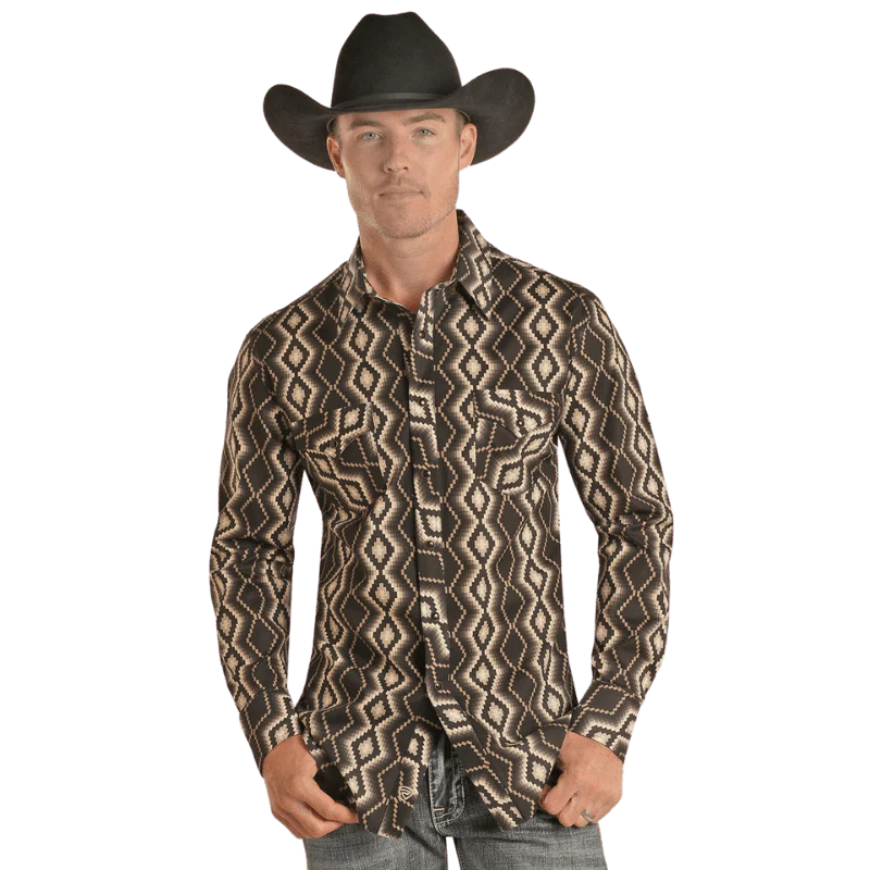 Rock & Roll Denim Men's Black Aztec Print Long Sleeve Western Snap Shirt BMN2S02510