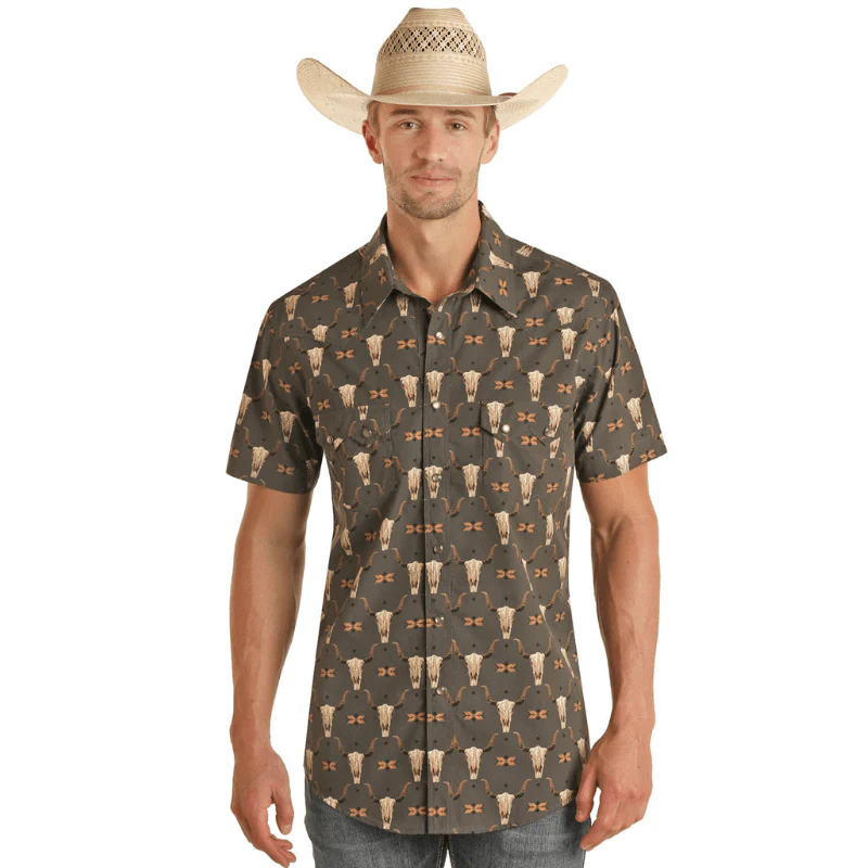 Rock & Roll Denim Men's Black Skull Print Short Sleeve Western Snap Shirt VMN3S03936