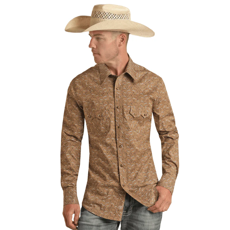Rock & Roll Denim Men's Brown Longhorn Print Long Sleeve Western Snap Shirt BMN2S03367