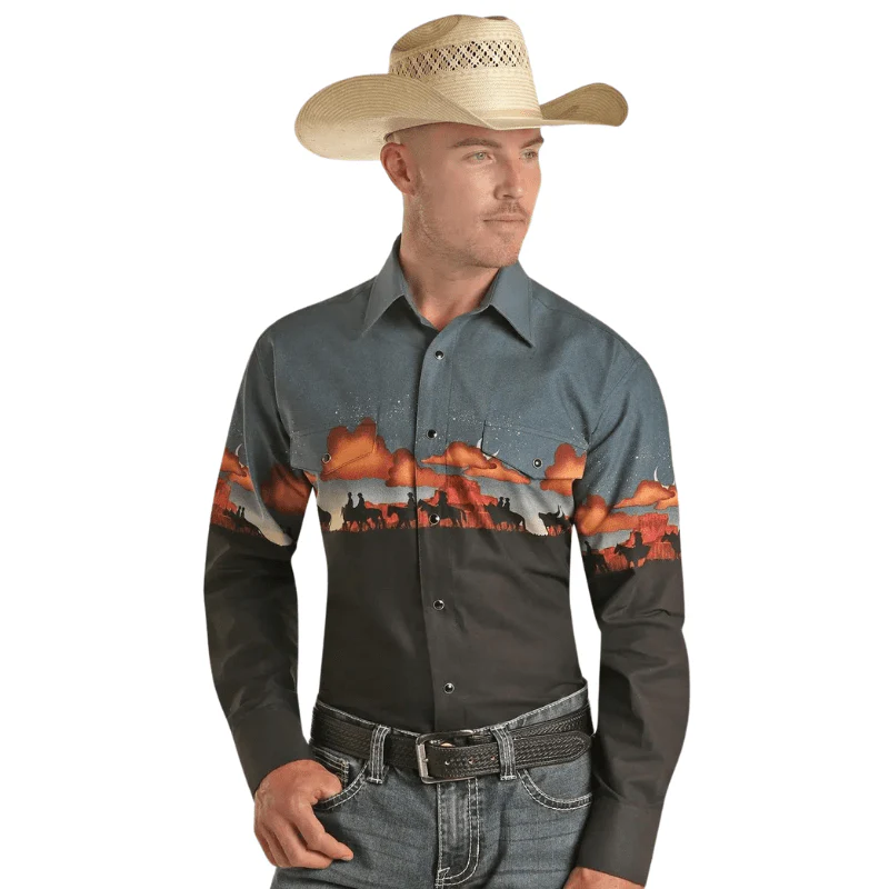 Rock & Roll Denim Men's Midnight Border Long Sleeve Western Snap Shirt SMN2S03218