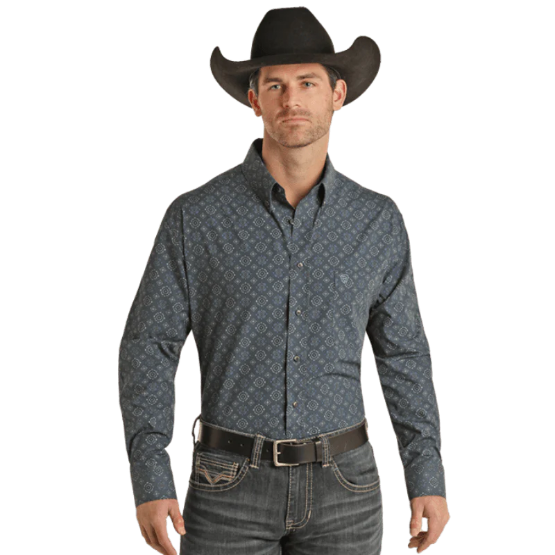 Rock & Roll Denim Men's Modern Fit Navy Print Long Sleeve Button Down Shirt VMB2S02155