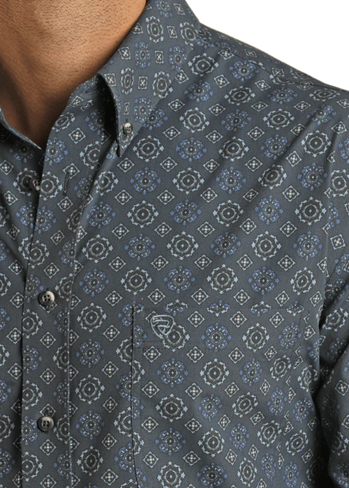 Rock & Roll Denim Men's Modern Fit Navy Print Long Sleeve Button Down Shirt VMB2S02155 - Image 2