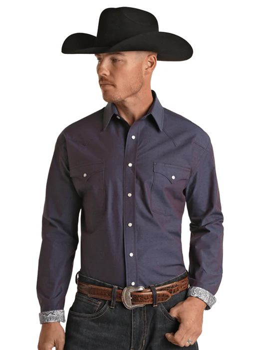 Rock & Roll Denim Men's Rough Stock Blue Long Sleeve Western Snap Shirt RMN2S02195