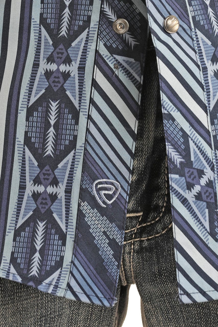 Rock & Roll Denim Men's Blue Aztec print Long Sleeve Western Snap Shirt BMN2S02517 - Image 2