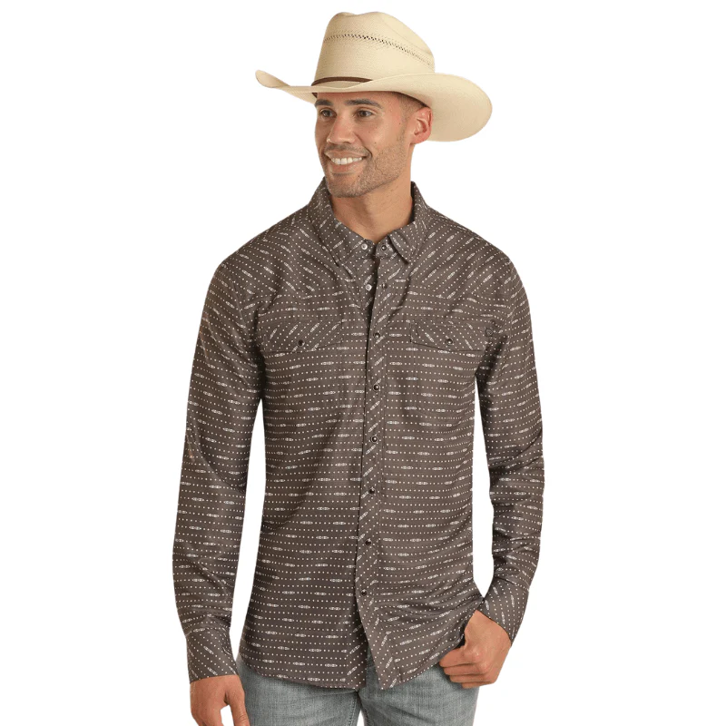 Rock & Roll Denim Men's Tek Western Geo Print Long Sleeve Western Snap Shirt BMN2S03379