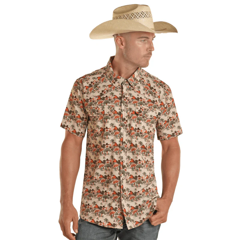 Rock & Roll Denim Men's Tek Western Tropical Print Short Sleeve Western Snap Shirt BMN3S04227