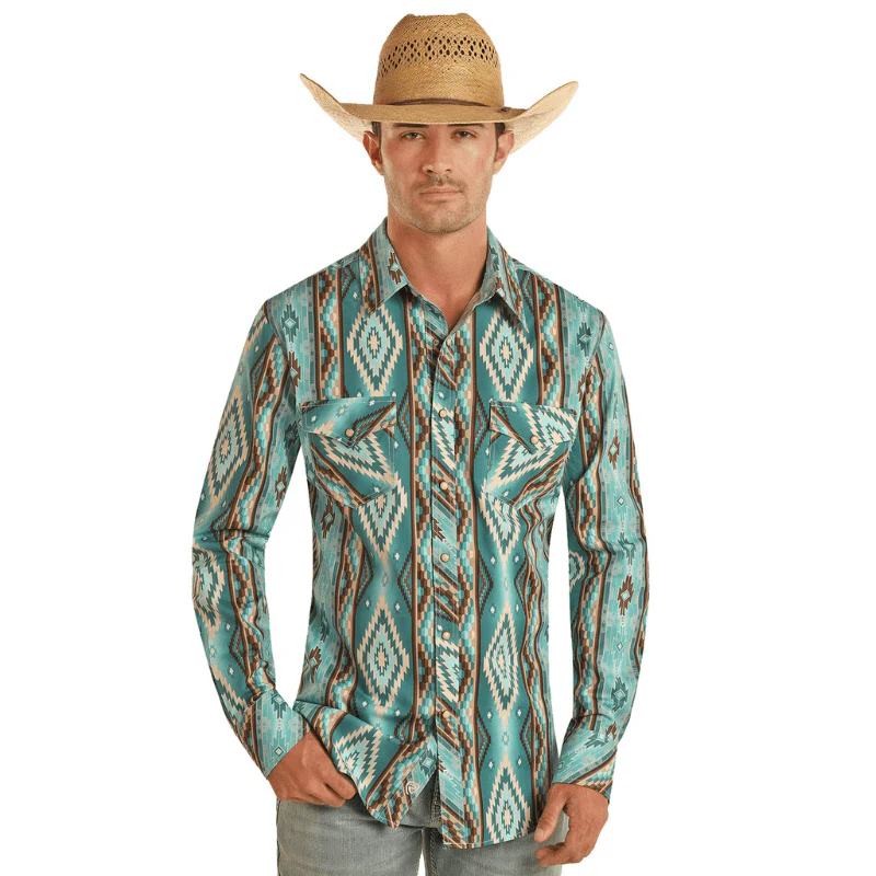 Rock & Roll Denim Men's Turquoise Aztec Print Long Sleeve Western Snap Shirt BMN2S03946