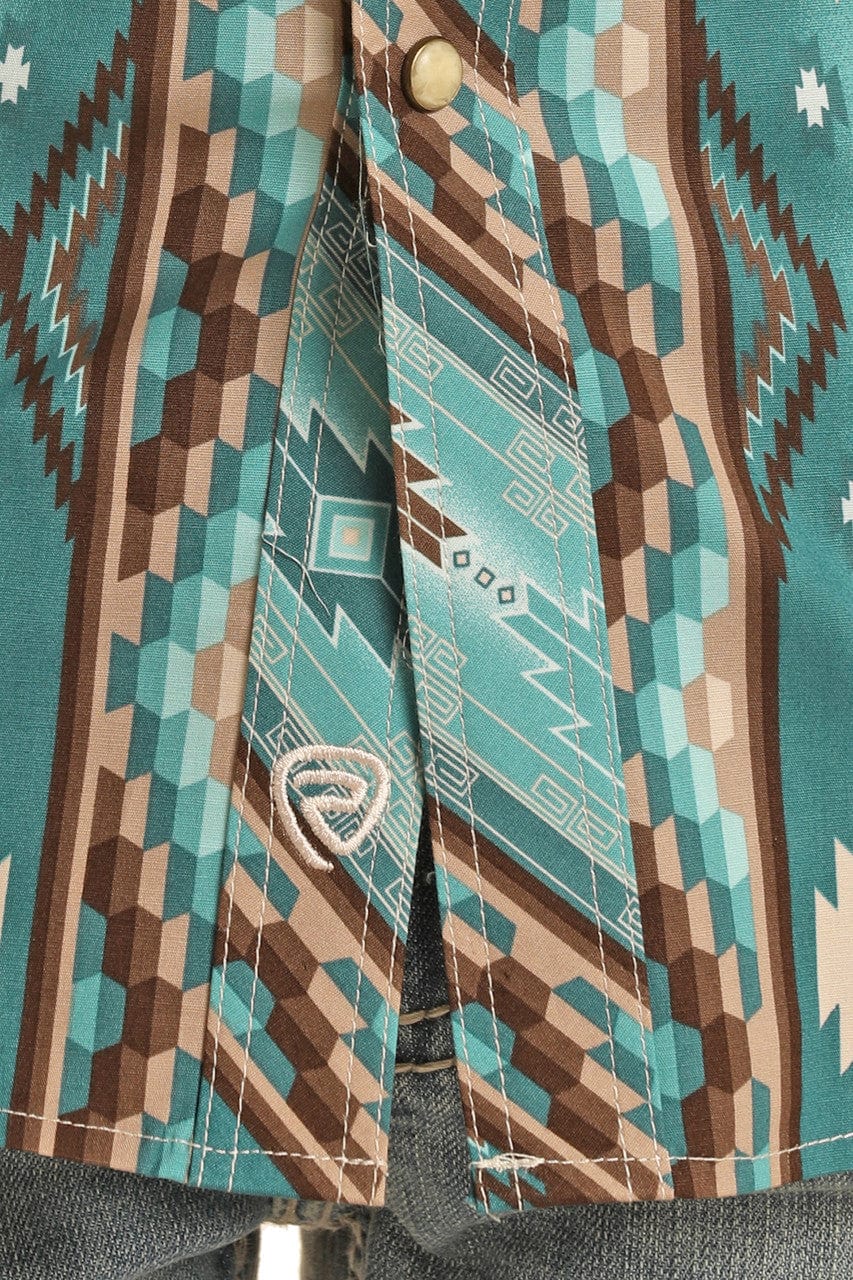Rock & Roll Denim Men's Turquoise Aztec Print Long Sleeve Western Snap Shirt BMN2S03946 - Image 2