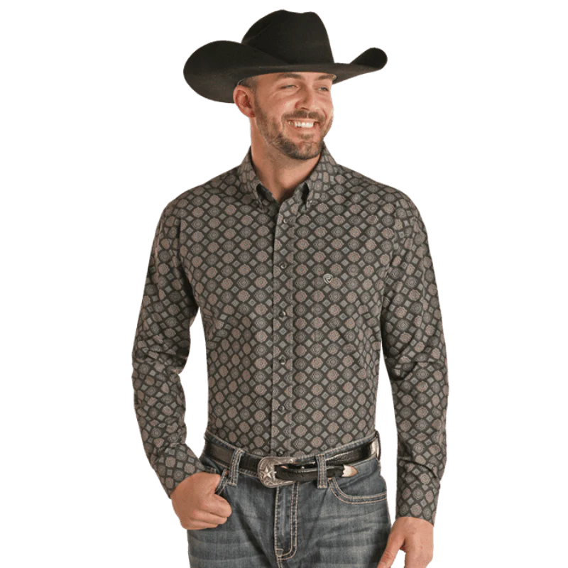 Rock & Roll Denim Men's Vintage Medallion Print Long Sleeve Shirt VMB2S02163