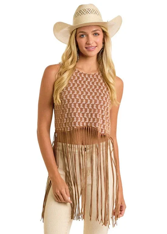 Rock & Roll Denim Women's Brown Boot Print Fringe Top BW20T06310