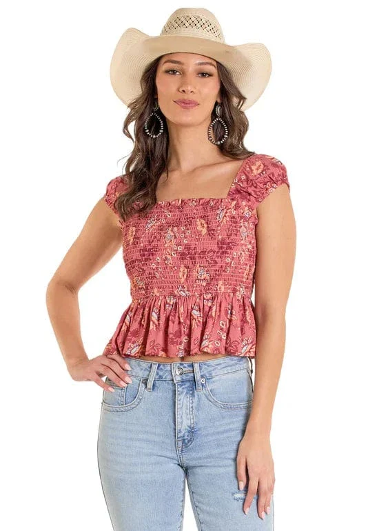 Rock & Roll Denim Women's Pink Smocked Floral Top BW51T06266