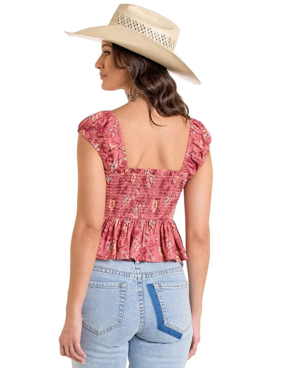 Rock & Roll Denim Women's Pink Smocked Floral Top BW51T06266 - Image 2