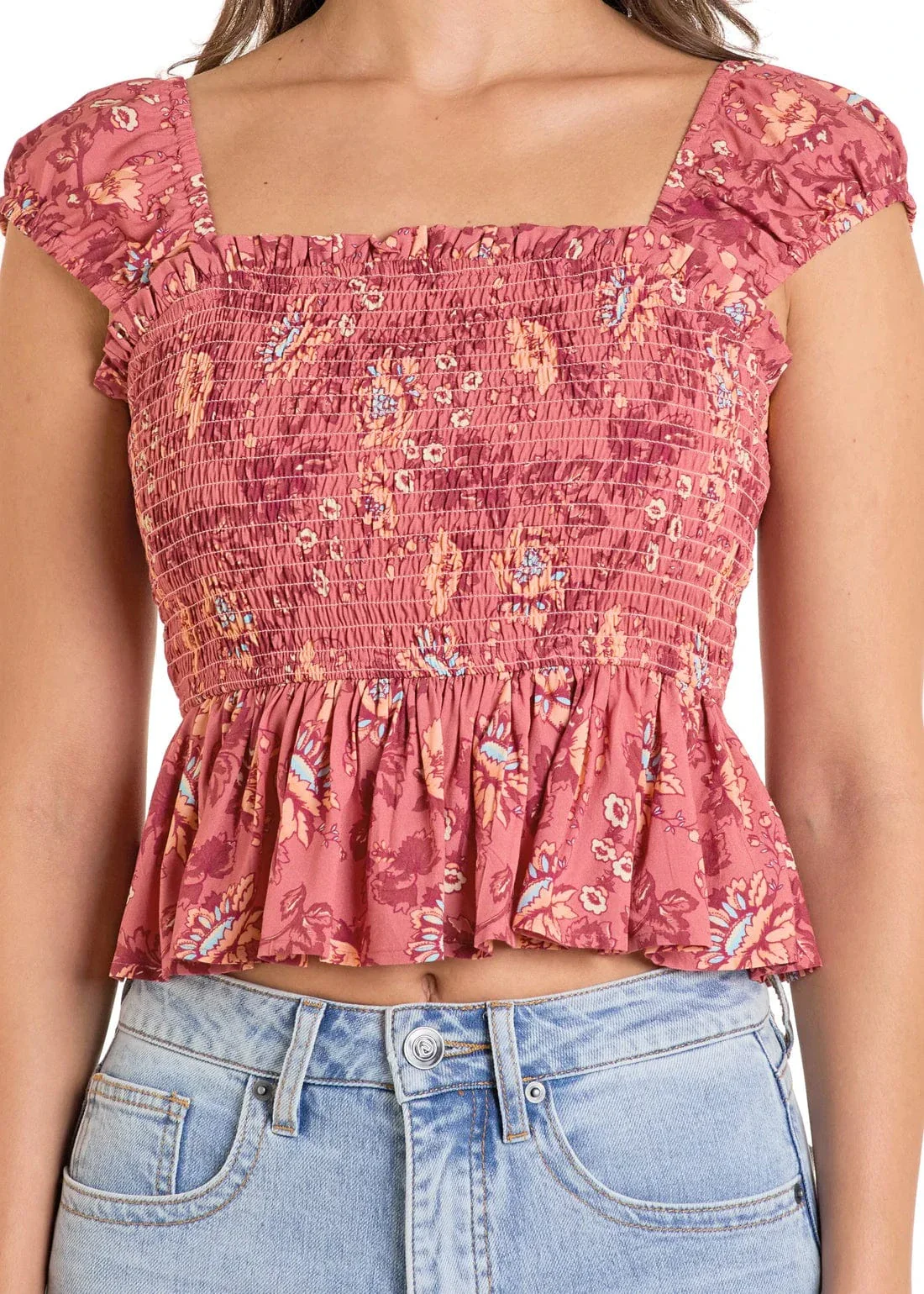Rock & Roll Denim Women's Pink Smocked Floral Top BW51T06266 - Image 3