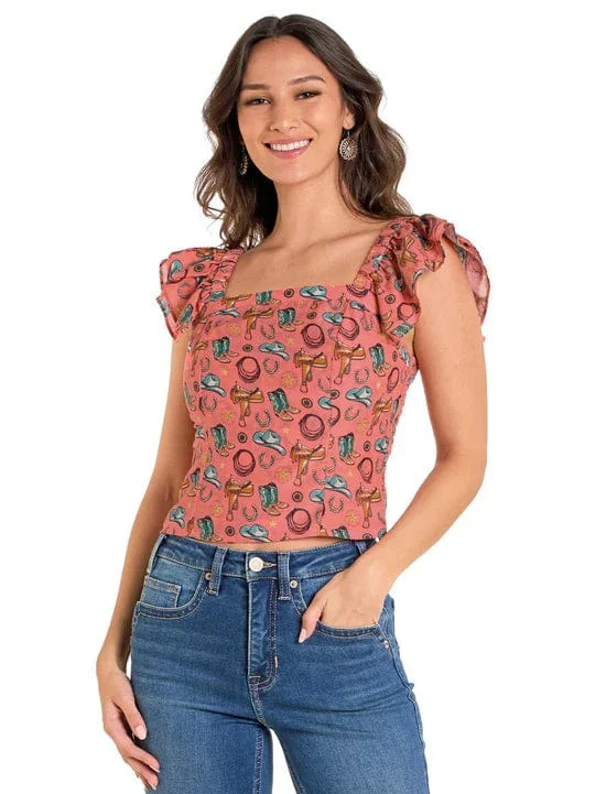 Rock & Roll Denim Women's Pink Western Flutter Sleeve Blouse BW50T06274