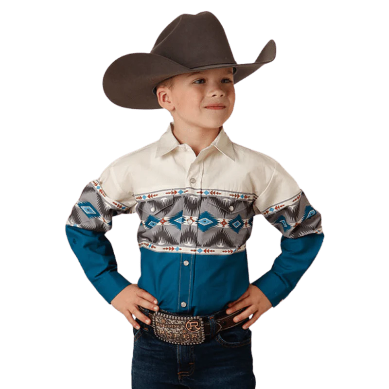 Roper Boys Aztec Border Print Long Sleeve Western Snap Shirt 03-030-0431-0609 BU