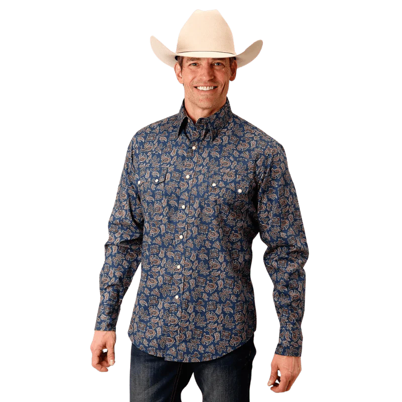 Roper Men's Navy Paisley Long Sleeve Western Snap Shirt 03-001-0064-0782 BU