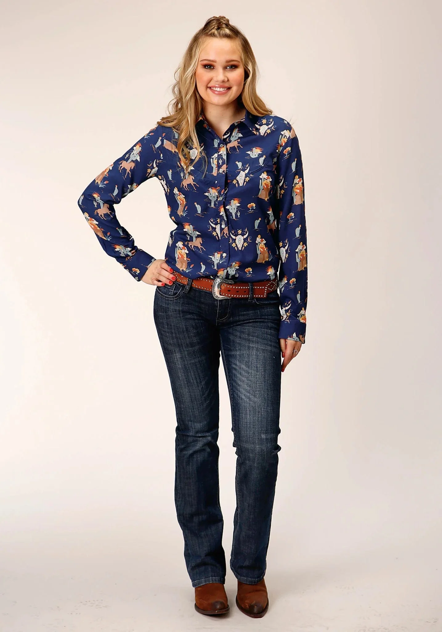 Roper Women's Blue Cowboy Print Long Sleeve Western Snap Shirt 03-050-0590-6122 BU - Image 2