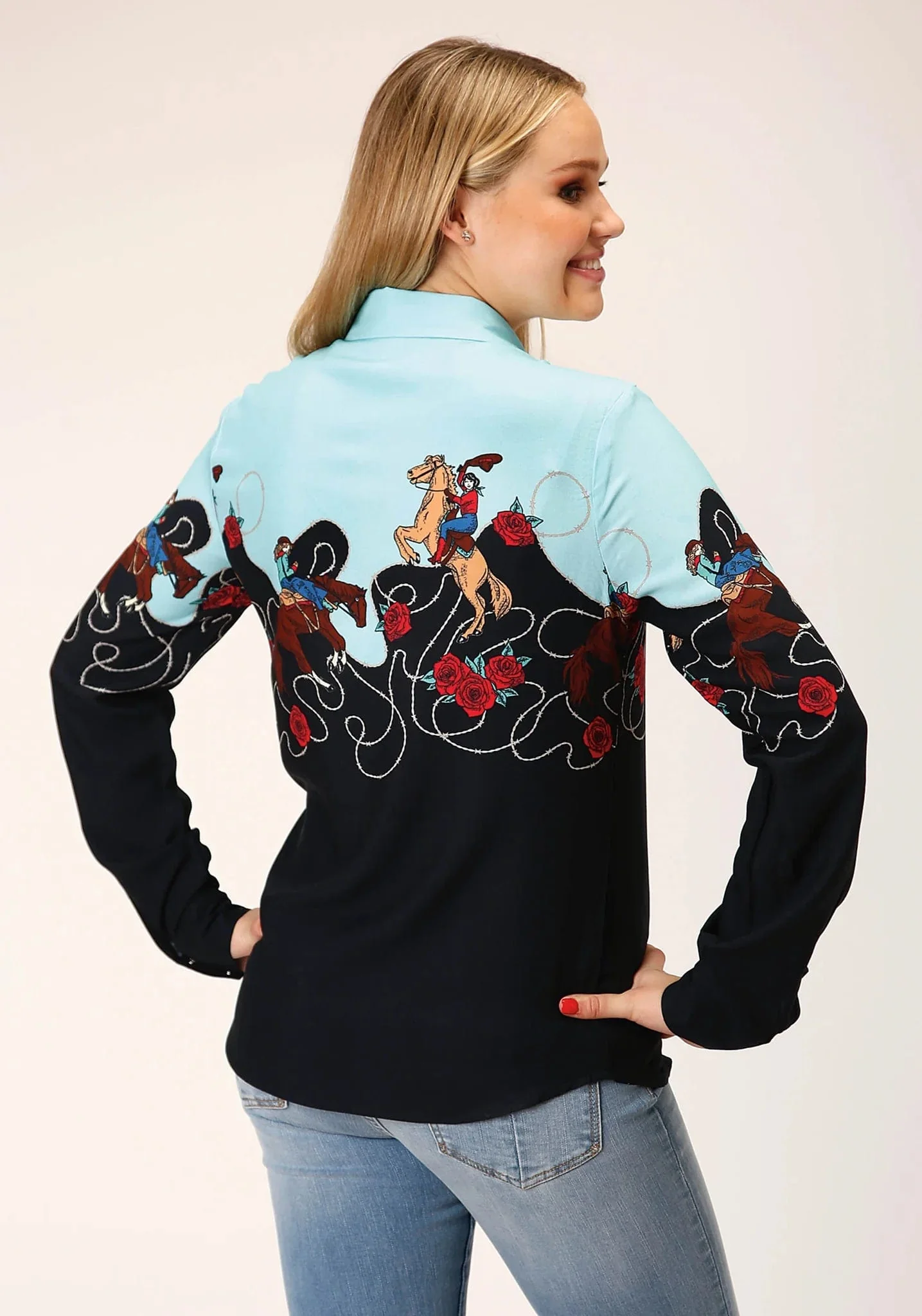 Roper Women's Cowgirl Border Printed Long Sleeve Western Snap Shirt 03-050-0590-6114 BL - Image 3