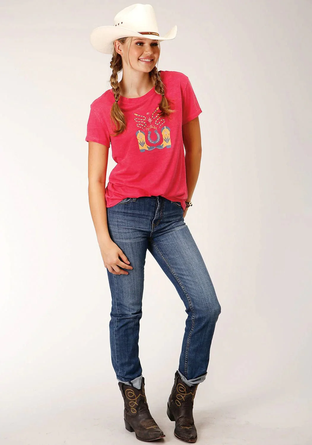 Roper Women's Horseshoe Boots Pink Short Sleeve graphic T-Shirt 03-039-0513-0471 PI - Image 2