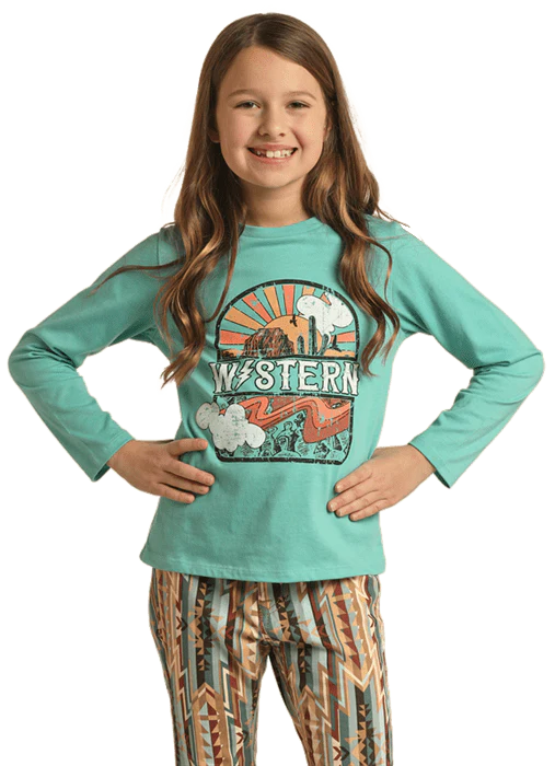 Rock & Roll Cowgirl Girls Turquoise Western Graphic Long Sleeve T-Shirt RRGT22R0ID