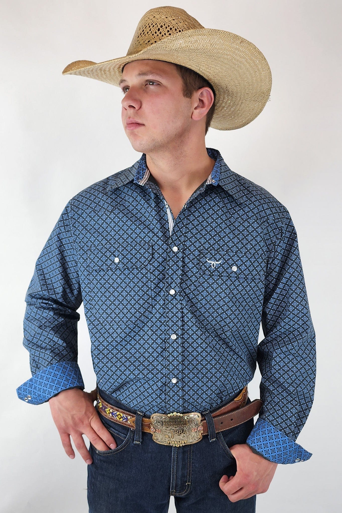 Signature Series - Bandero -Slate Gray and Blue Pearl Snap, Print, Classic Fit Shirt