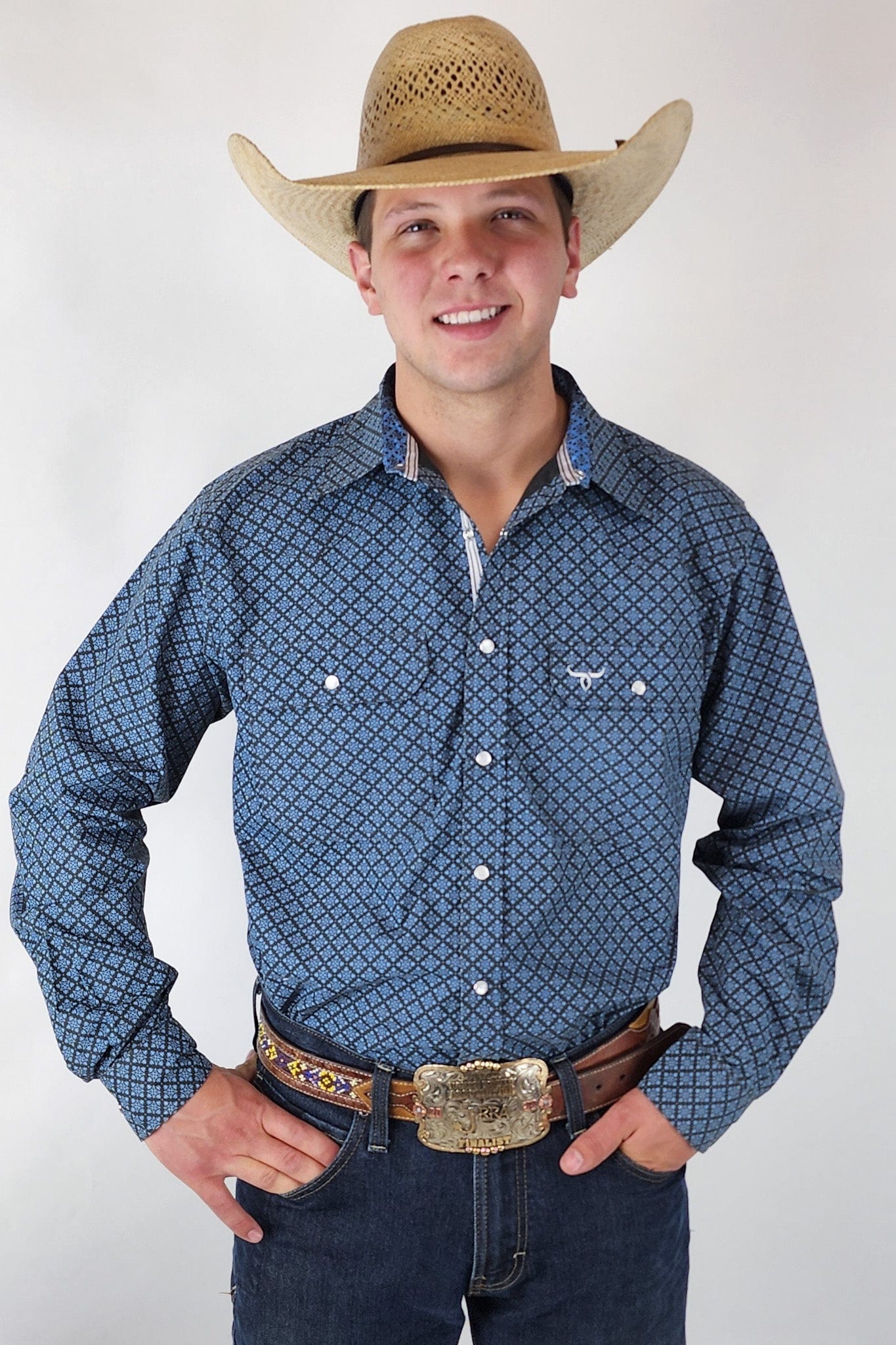 Signature Series - Bandero -Slate Gray and Blue Pearl Snap, Print, Classic Fit Shirt - Image 2