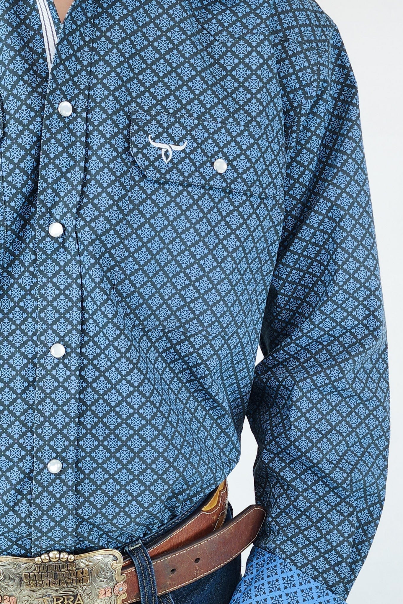 Signature Series - Bandero -Slate Gray and Blue Pearl Snap, Print, Classic Fit Shirt - Image 3