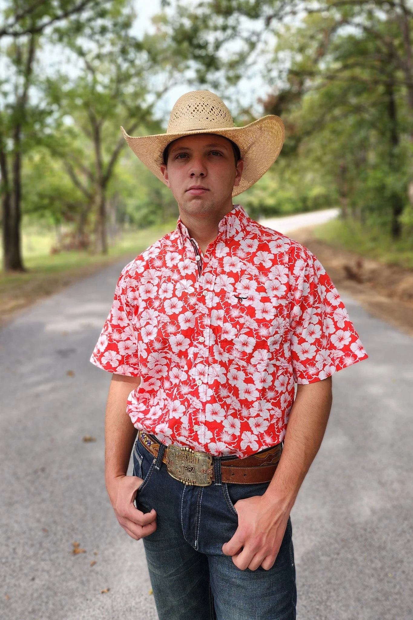 Signature Series - Concho - Red and White Hibiscus Flower Print, Classic Fit Short Sleeve Shirt