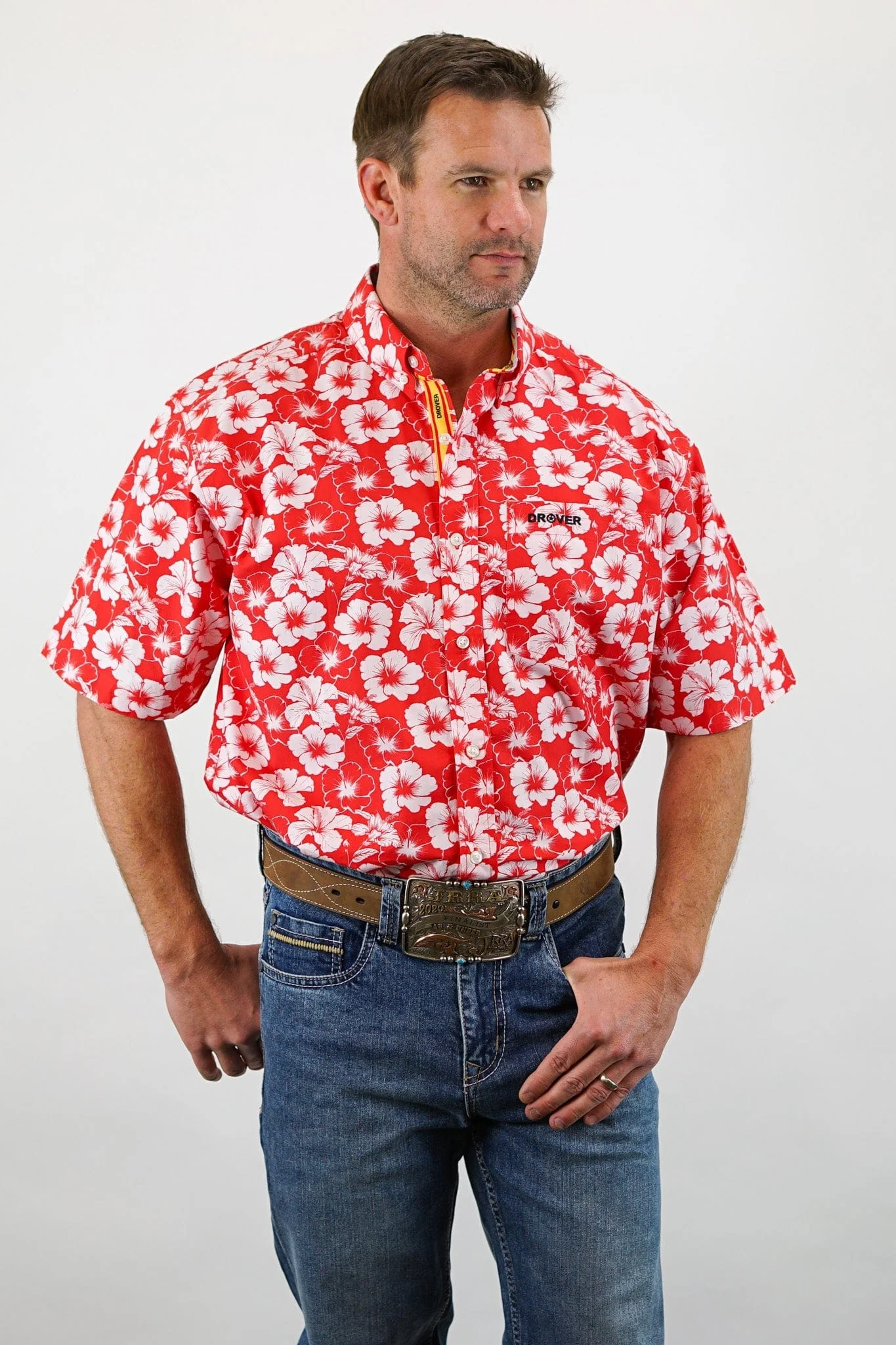 Signature Series - Concho - Red and White Hibiscus Flower Print, Classic Fit Short Sleeve Shirt - Image 3