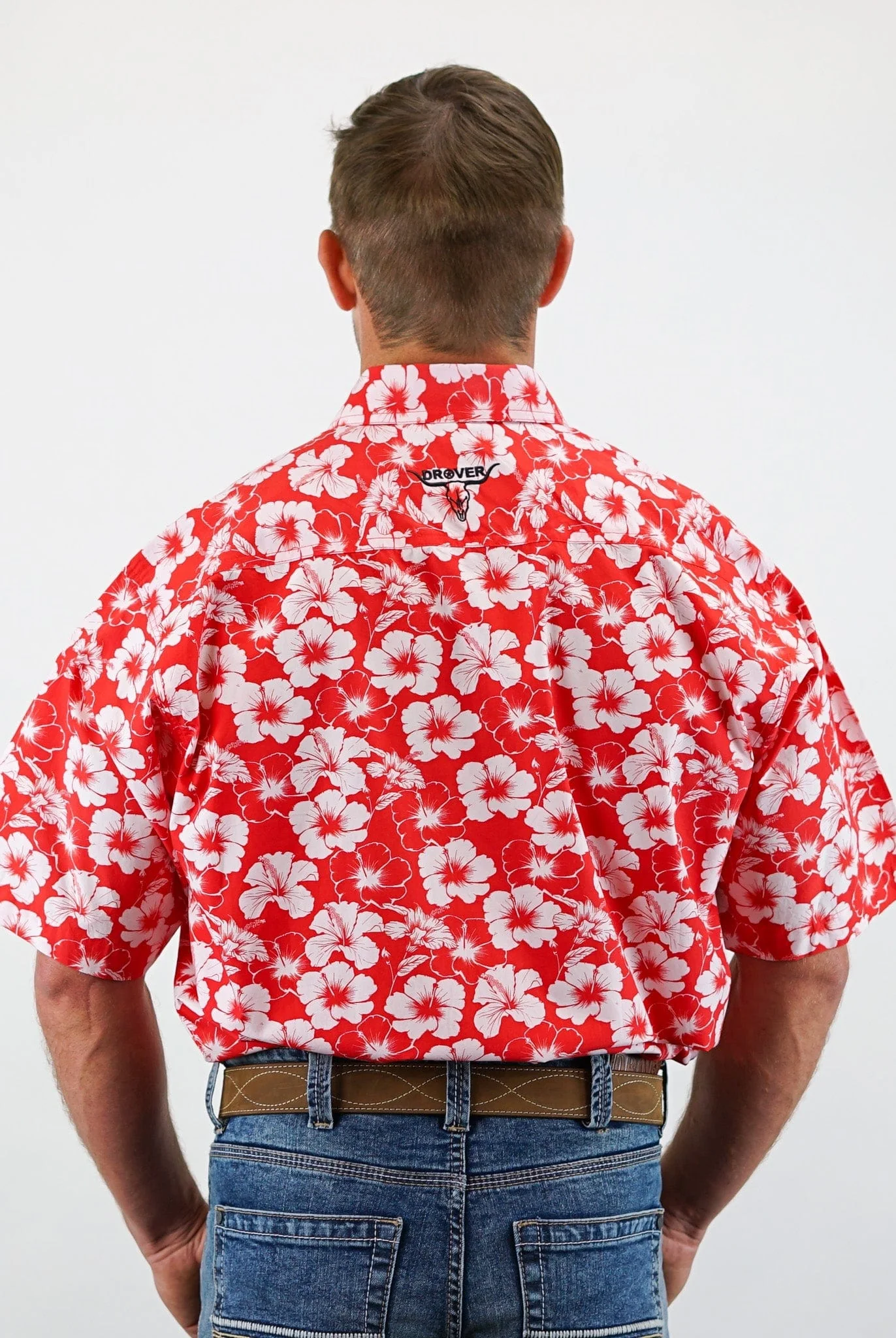 Signature Series - Concho - Red and White Hibiscus Flower Print, Classic Fit Short Sleeve Shirt - Image 5